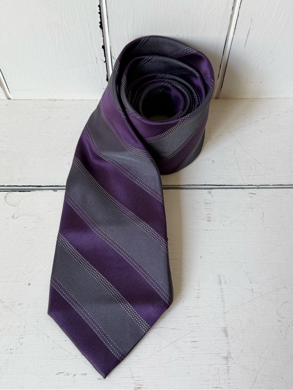 Calvin Klein Vintage Y2K Purple Striped 100% Silk Tie Office Siren Goth